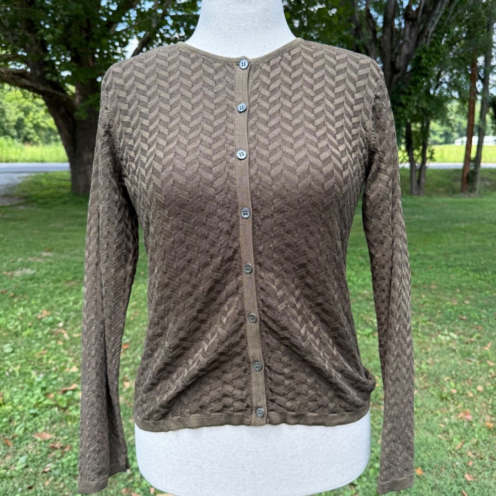 Liz Claiborne Collection Silk Cardigan Sweater Olive Green Chevron Knit Womens L